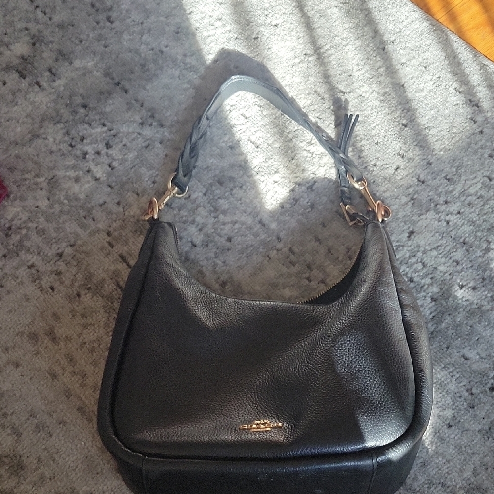 Coach Black Leather Hobo Bag with Gold Accents